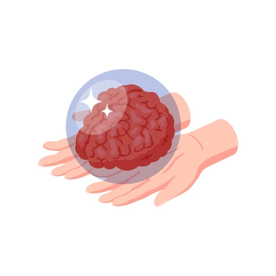 Psychologist psychiatrist isometric composition with human hands holding brain inside transparent bubble vector illustration