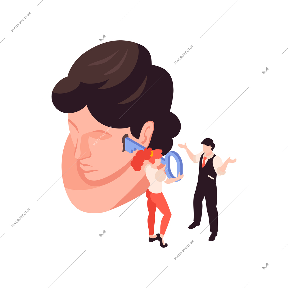 Psychologist psychiatrist isometric composition with human head with key hole and characters of doctor and client vector illustration