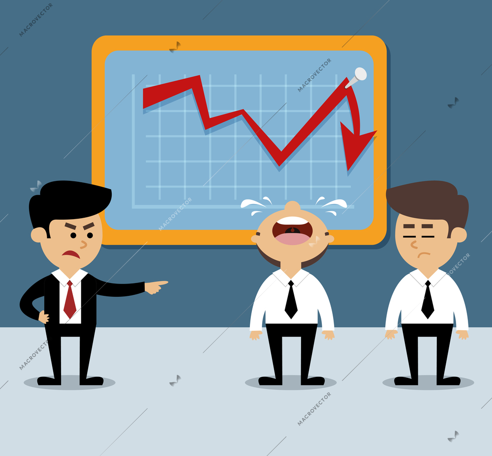 Business scene with decrease arrow chart and frustrated employees vector illustration