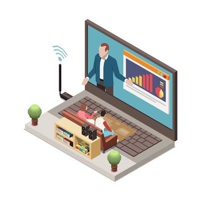 Online presentation remote work composition with laptop computer wireless modem and presenter on screen vector illustration