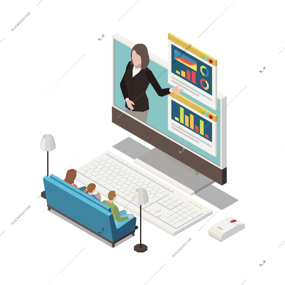 Online presentation remote work composition with workers sitting on sofa at home with desktop computer vector illustration