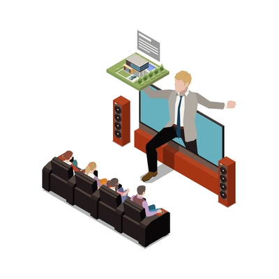 Online presentation remote work composition with home cinema and man running out screen vector illustration