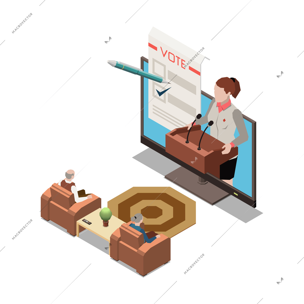 Online presentation remote work composition with politician at tribune on tv screen with watchers vector illustration