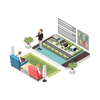 Online presentation remote work composition with presenter in front of people sitting in chairs vector illustration