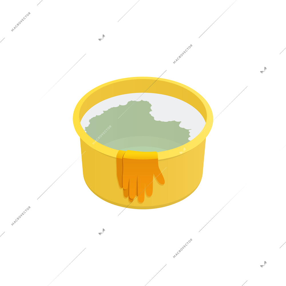 Sanitizing isometric composition with isolated image of basin filled with foam liquid with rubber gloves vector illustration