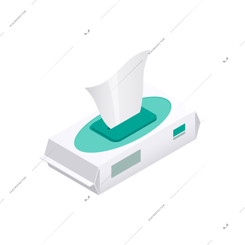 Sanitizing isometric composition with isolated image of pack of antibacterial wet napkins vector illustration