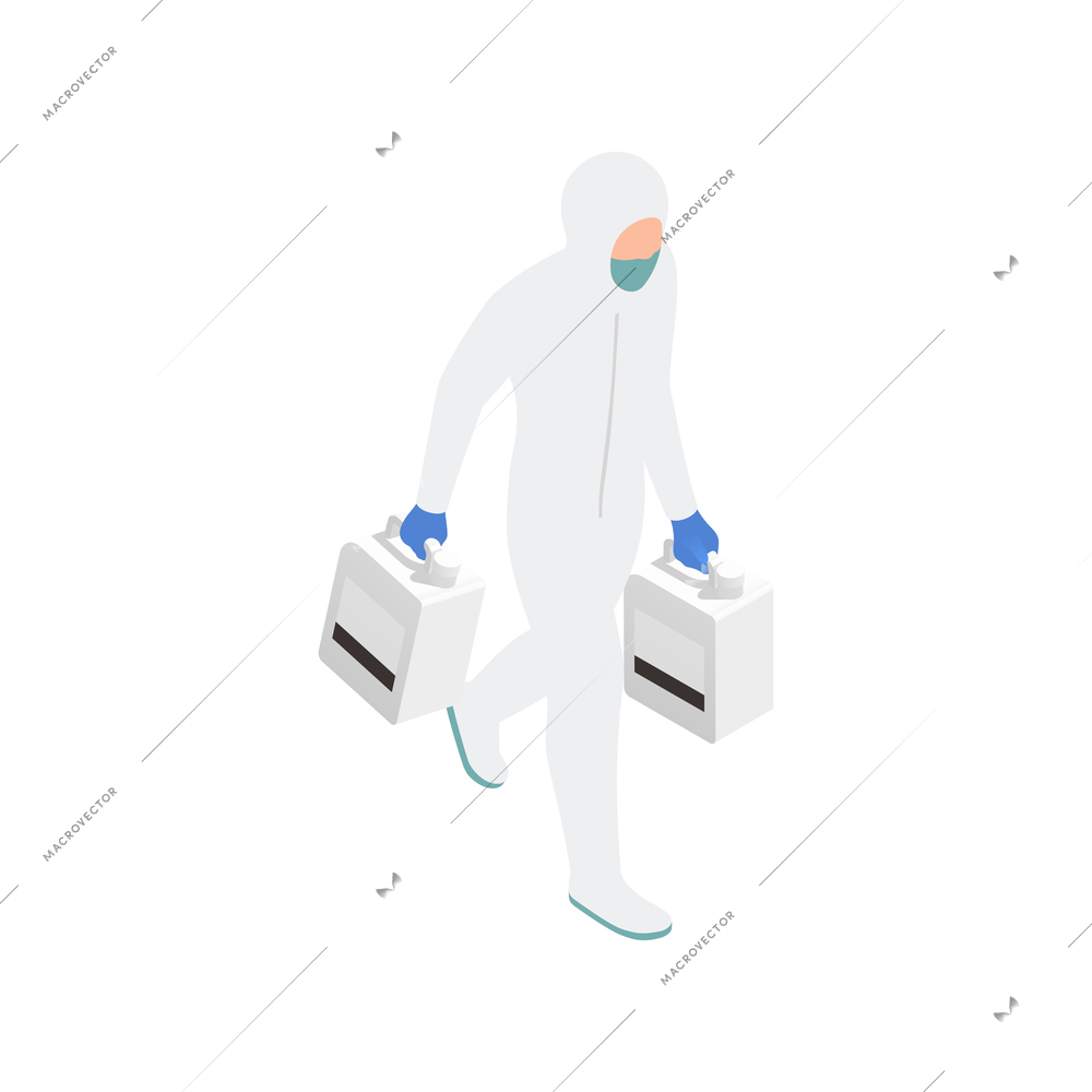 Sanitizing isometric composition with disinfector character carrying disinfecting supplies vector illustration