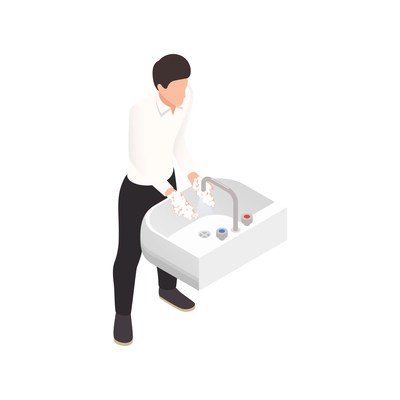 Sanitizing isometric composition with male character washing his hands in sink vector illustration
