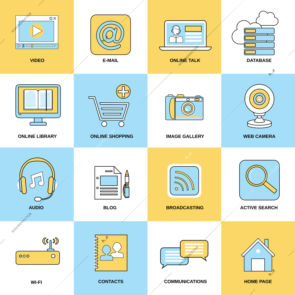 Internet icons flat line set of video e-mail online talk isolated vector illustration