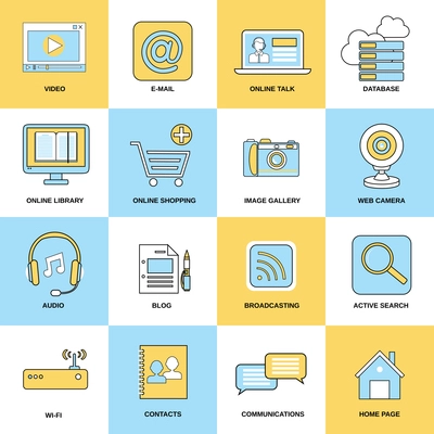 Internet icons flat line set of video e-mail online talk isolated vector illustration