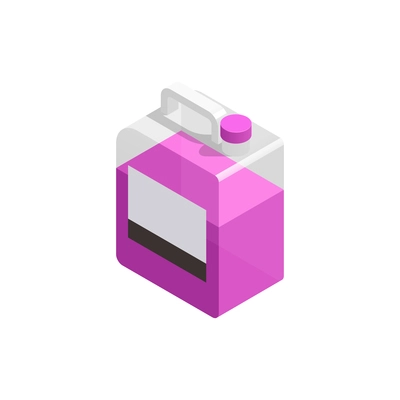 Sanitizing isometric composition with isolated image of plastic canister with pink liquid vector illustration