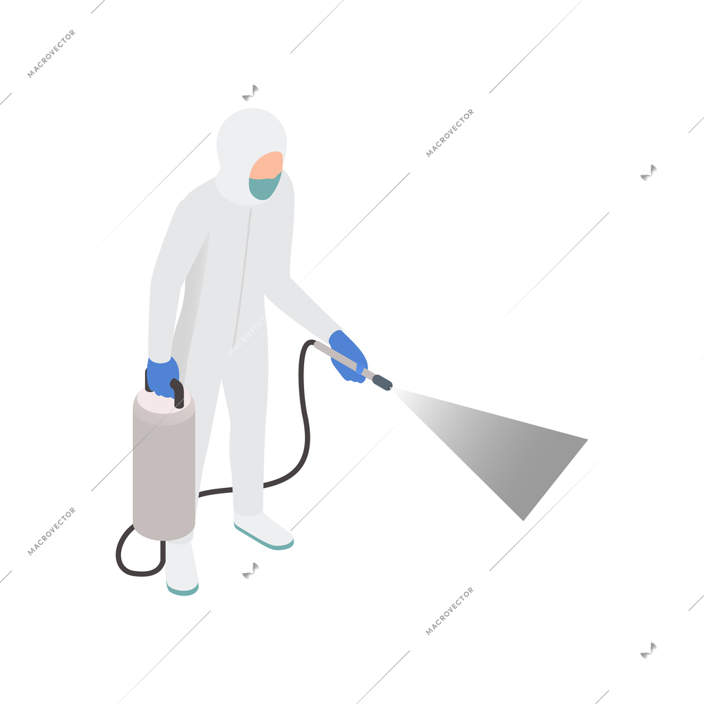 Sanitizing isometric composition with character of disinfector with disinfecting equipment vector illustration