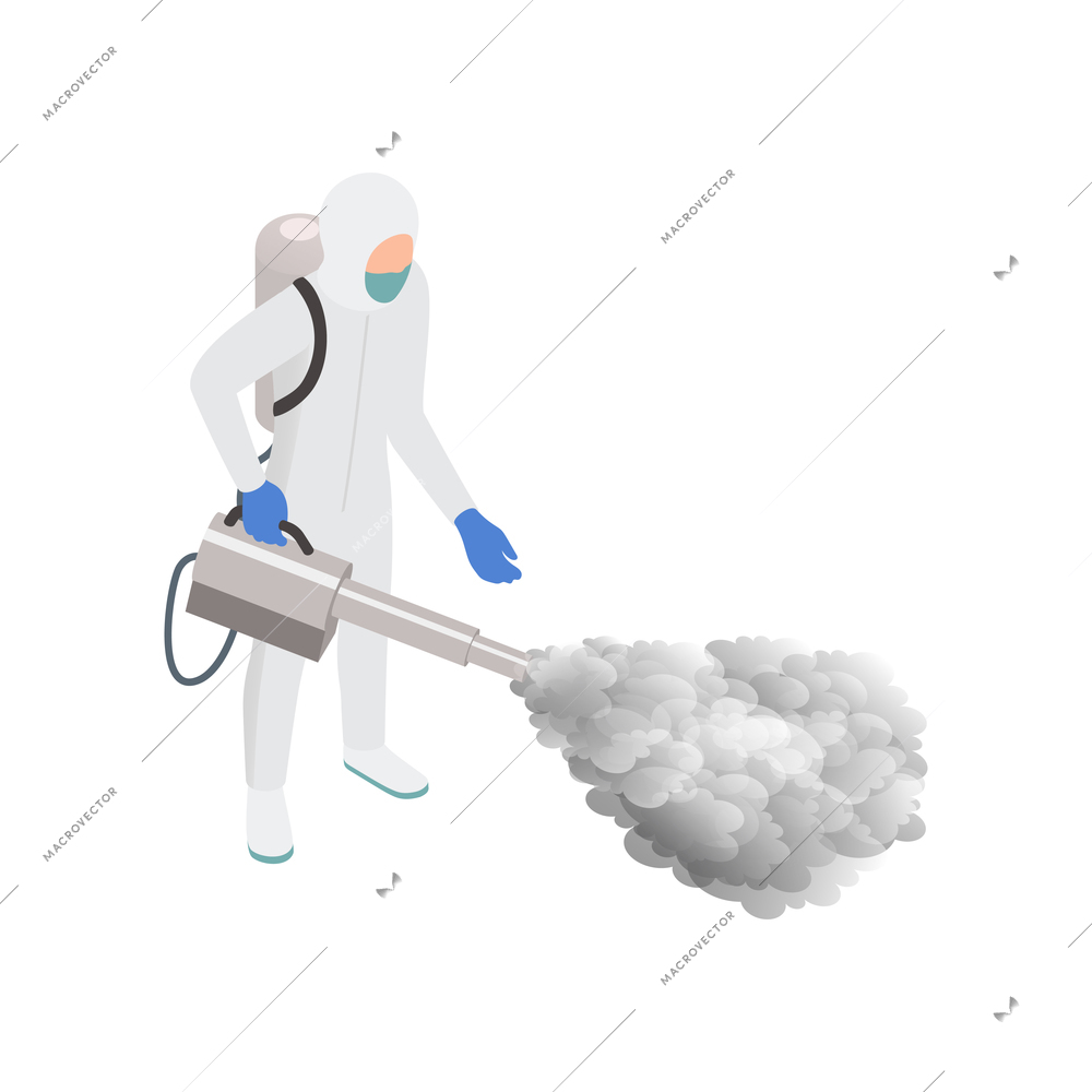 Sanitizing isometric composition with disinfector character spraying disinfecting steam vector illustration