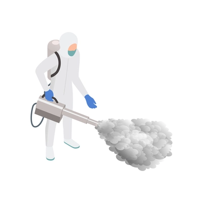 Sanitizing isometric composition with disinfector character spraying disinfecting steam vector illustration