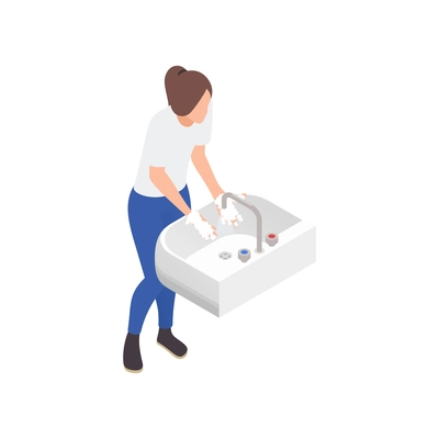 Sanitizing isometric composition with female character washing her hands in sink vector illustration