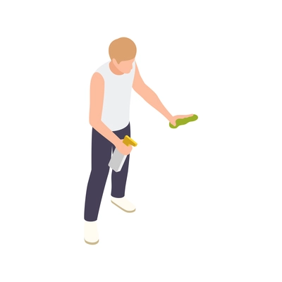 Sanitizing isometric composition with male character holding bottles of domestic sanitizers vector illustration