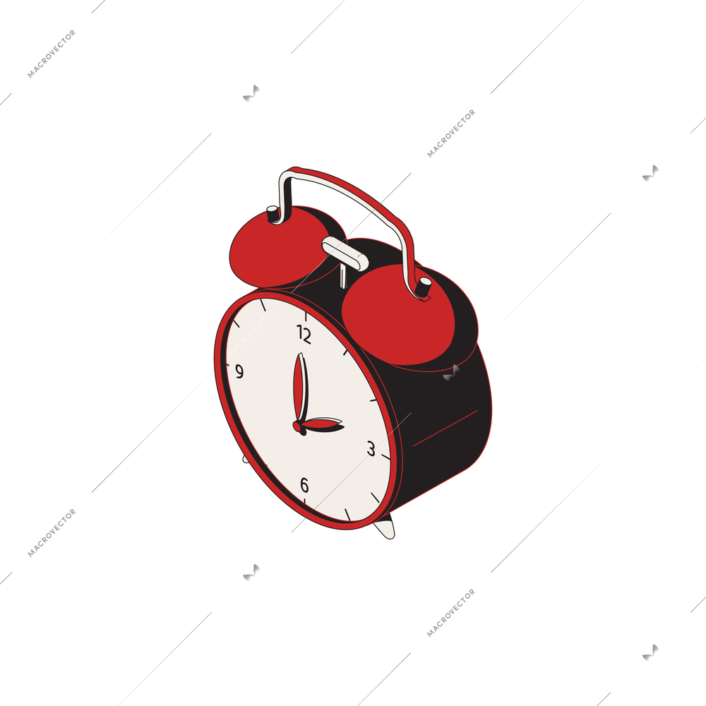 Sleep goods isometric icons composition with isolated image of classic alarm clock with bells vector illustration