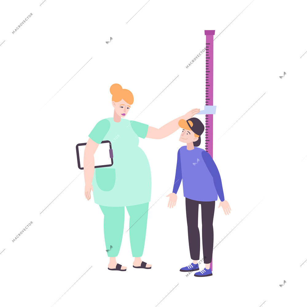 Pediatric checkup composition with characters of female doctor measuring kids height vector illustration