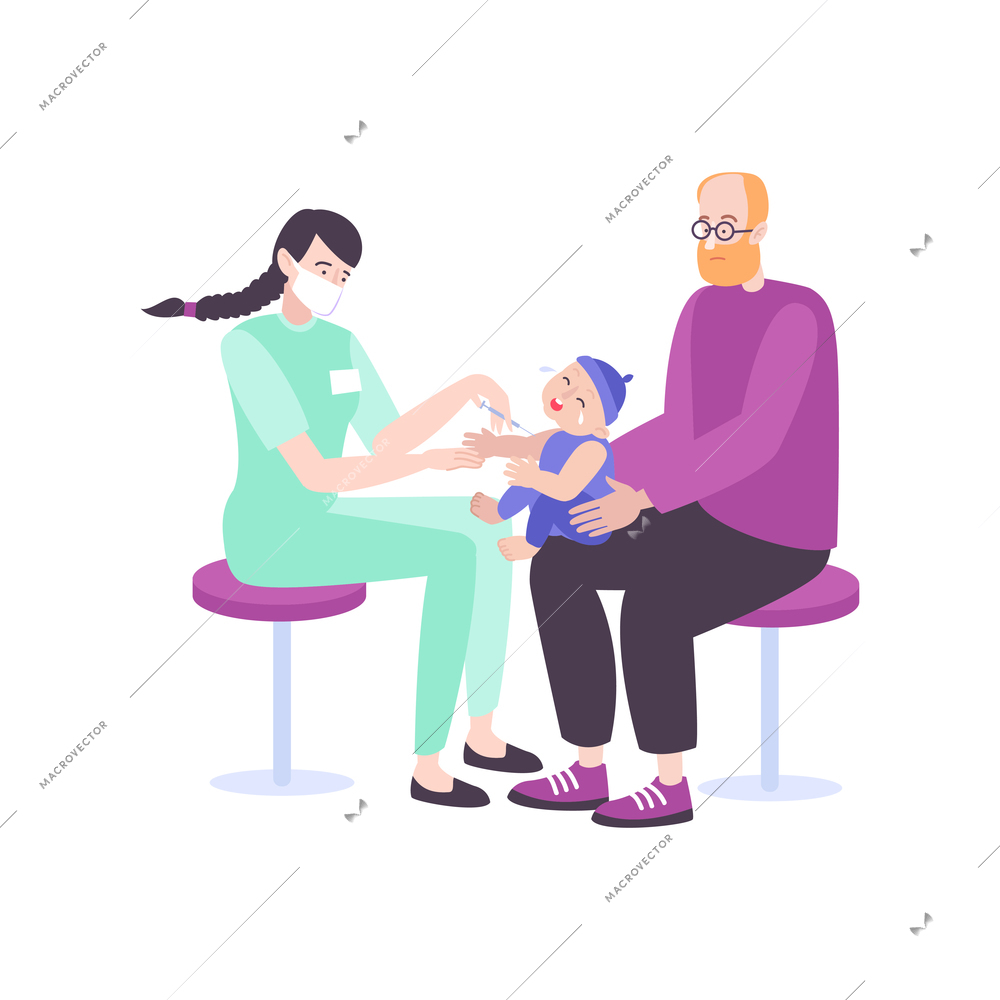 Pediatric checkup composition with doctor examining kid sitting on fathers knees vector illustration