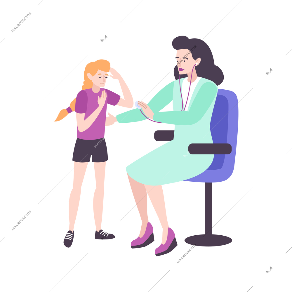 Pediatric checkup composition with female doctor sitting on chair with teenage girl patient vector illustration