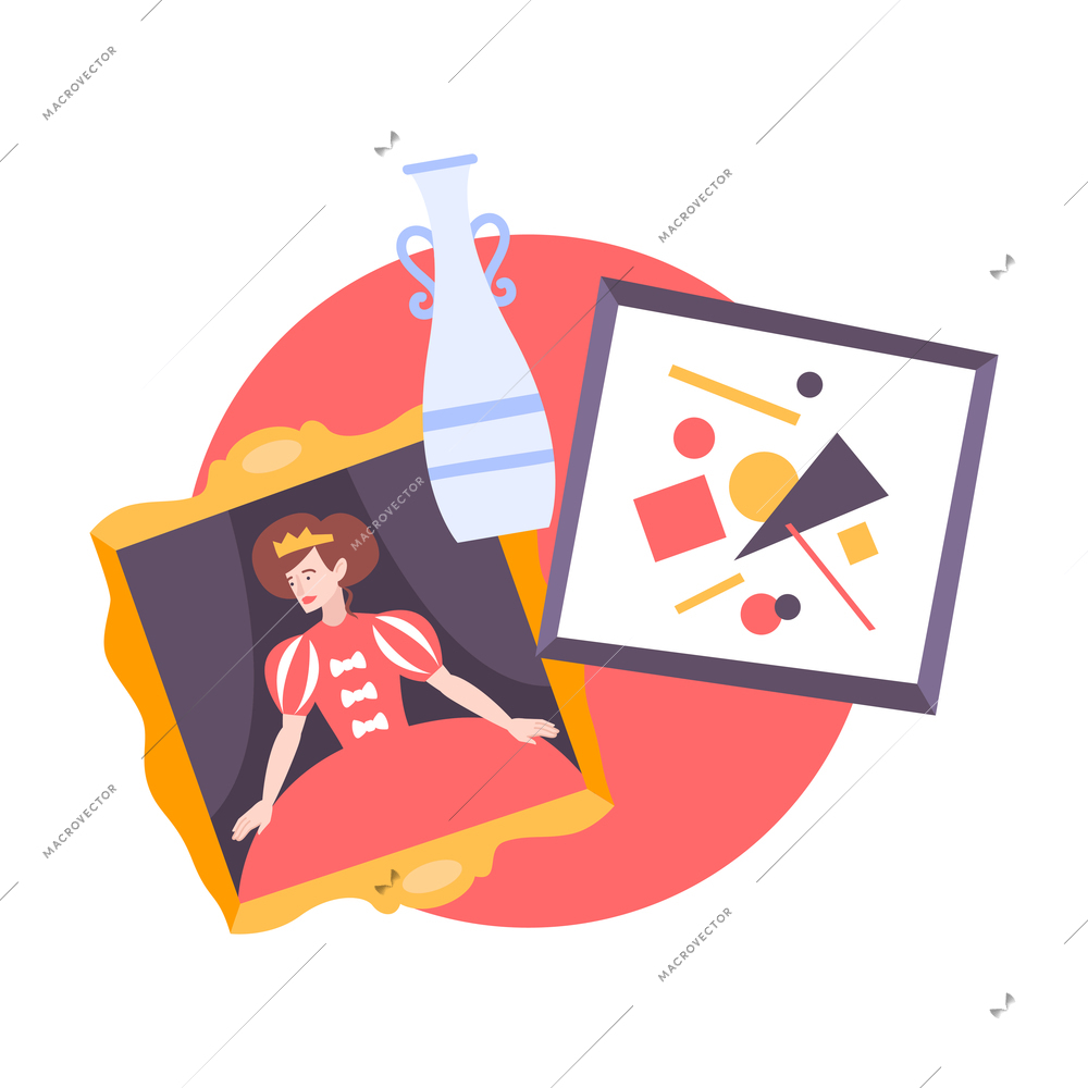 Visual art composition with drawing symbols and flat images of pictures in frames and vase vector illustration