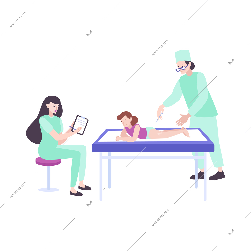 Pediatric checkup composition with team of doctors examining child on table vector illustration