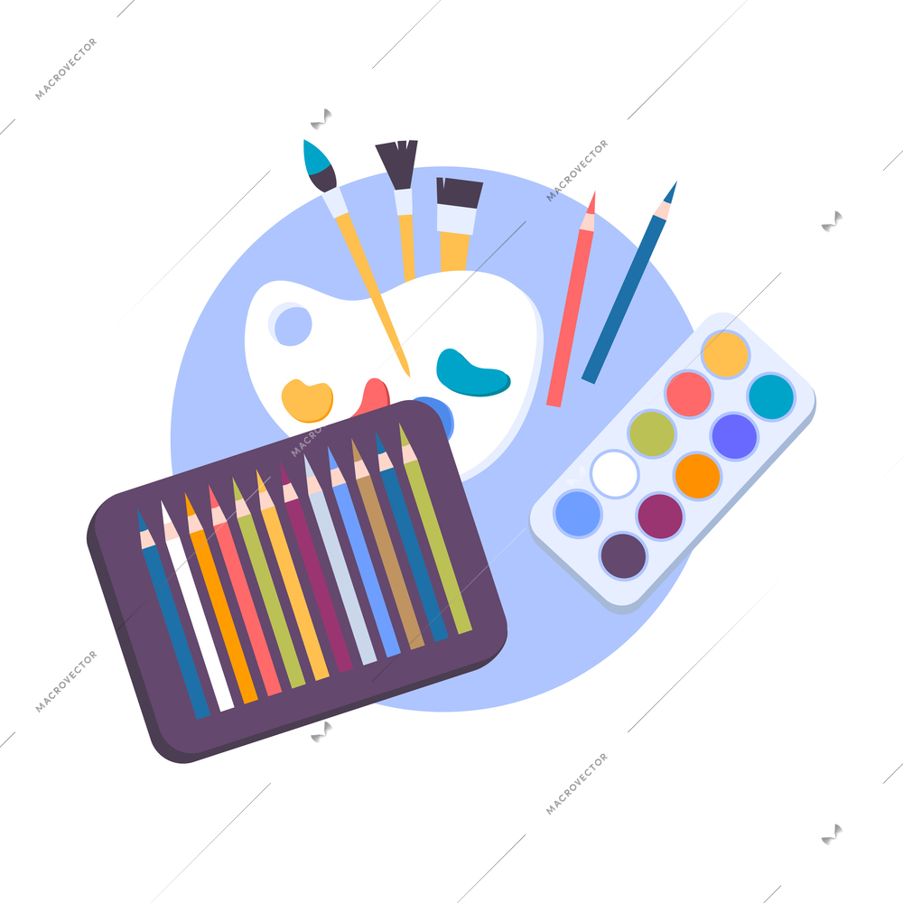 Visual art composition with drawing symbols images of palette with pencils and brush vector illustration