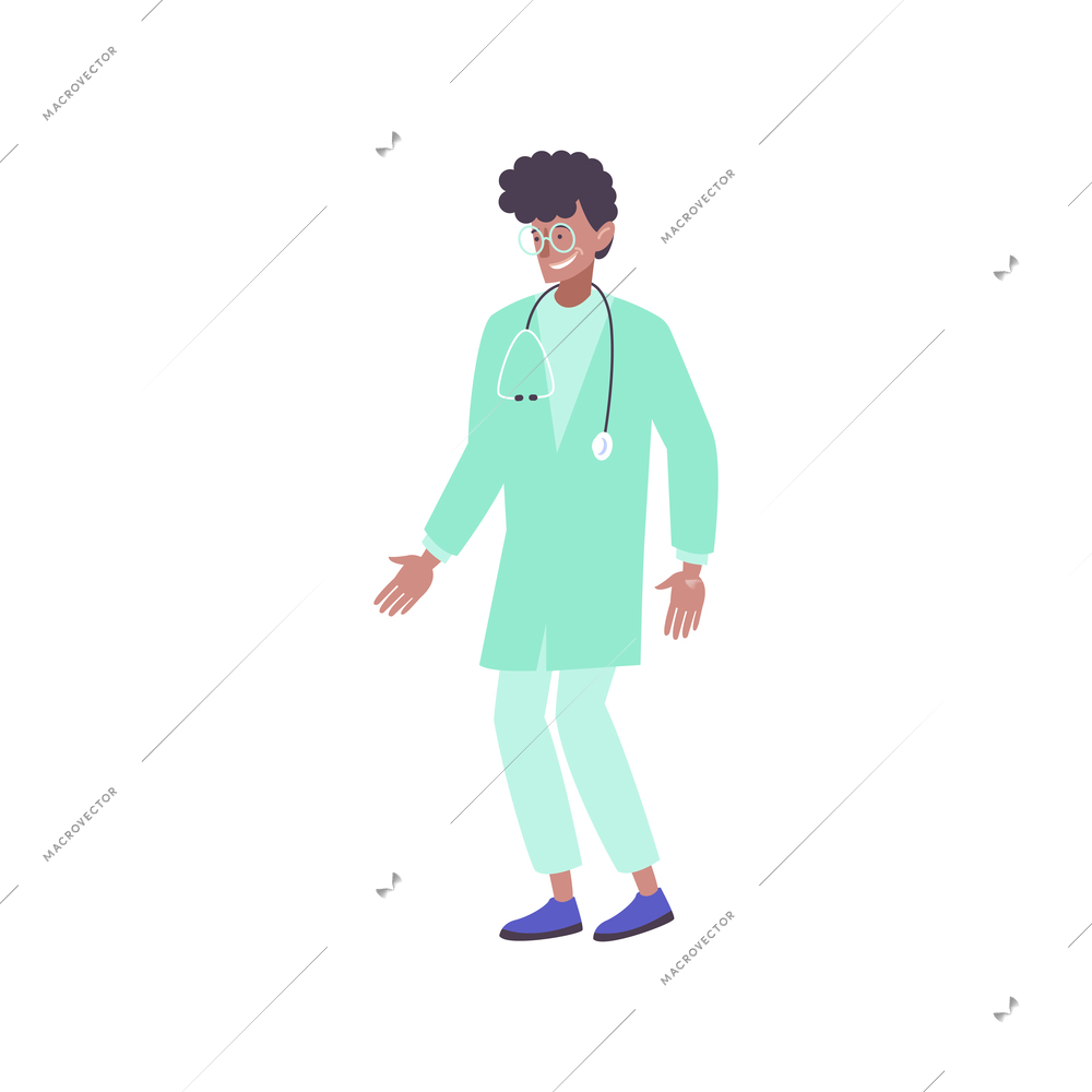 Pediatric checkup composition with isolated character of black person wearing doctors uniform vector illustration