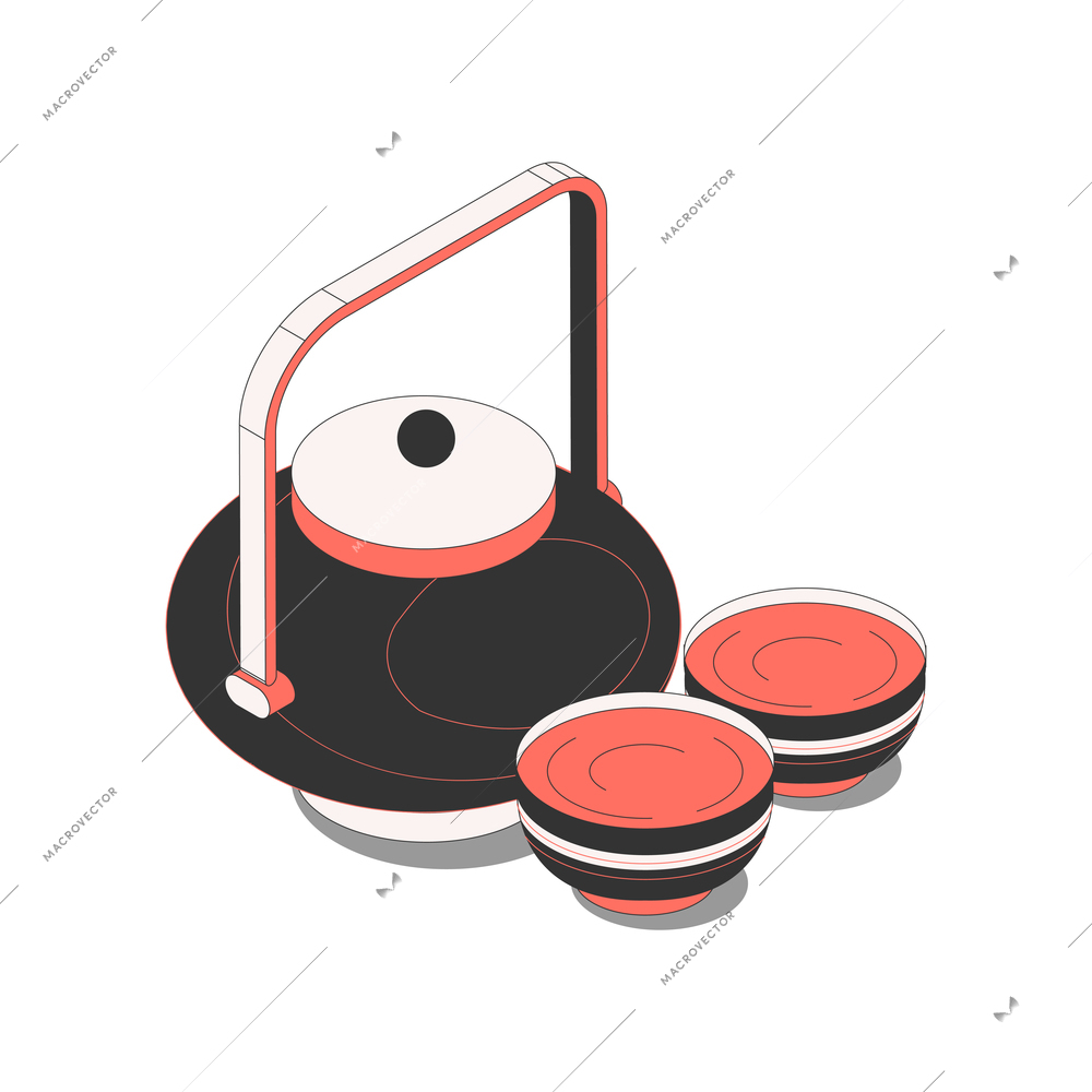 Chinese culture traditions symbols isometric composition with images of tea pot and two cups vector illustration