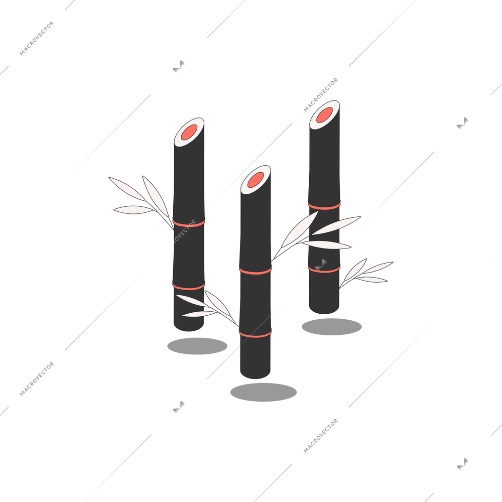 Chinese culture traditions symbols isometric composition with three vertical images of sushi rolls vector illustration