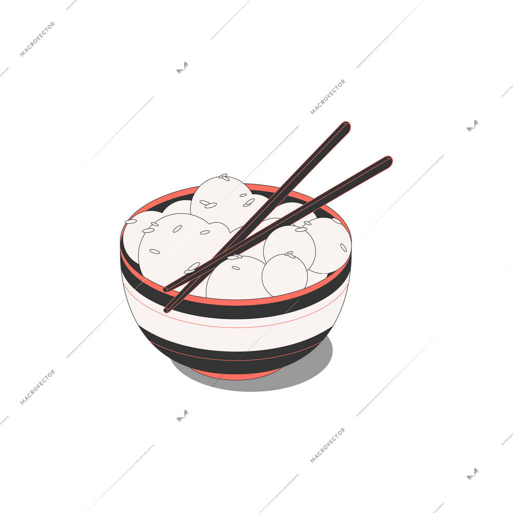 Chinese culture food traditions symbols isometric composition with isolated image of rice dish with chopsticks vector illustration