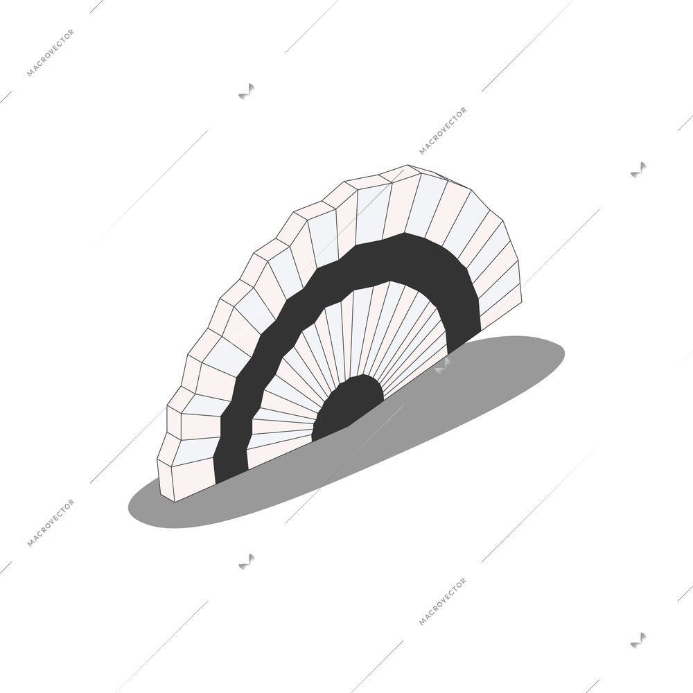 Chinese culture traditions symbols isometric composition with image of foldable hand fan with shadow vector illustration