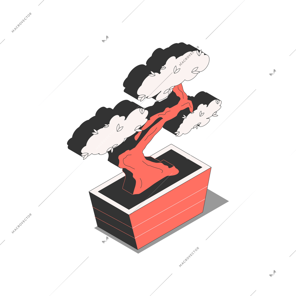 Chinese culture traditions symbols isometric composition with image of bonsai tree in flowerpot vector illustration