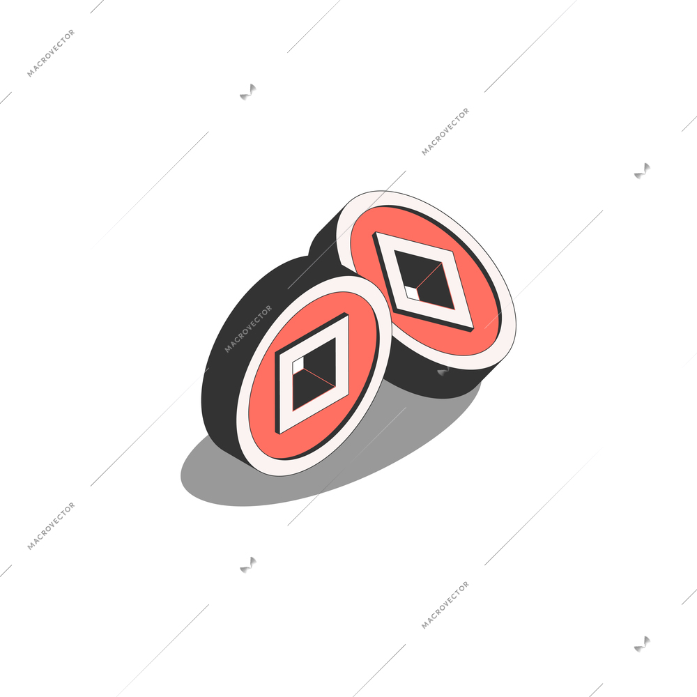 Chinese culture traditions symbols isometric composition with images of coins with square holes vector illustration