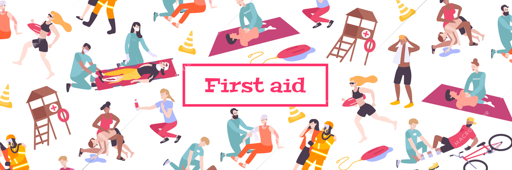 First aid pattern flat composition with frame text and human characters of suffering and helping people vector illustration