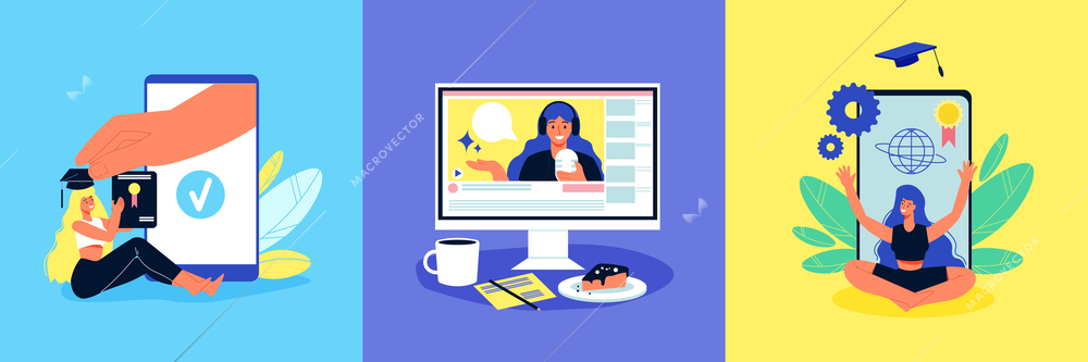 Online education design concept with square compositions smartphone images workspace elements and human characters of students vector illustration