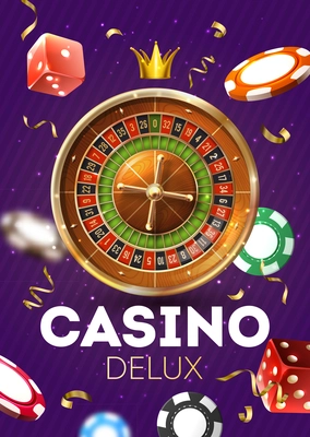 Realistic casino vertical poster with images of flying chips dice and roulette with crown and text vector illustration