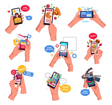 Hands holding smartphones video calling scanning barcode booking tickets online messaging social networking flat set vector illustration