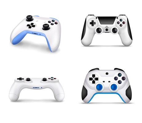 Realistic set of various models of controllers for video game console on white background isolated vector illustration