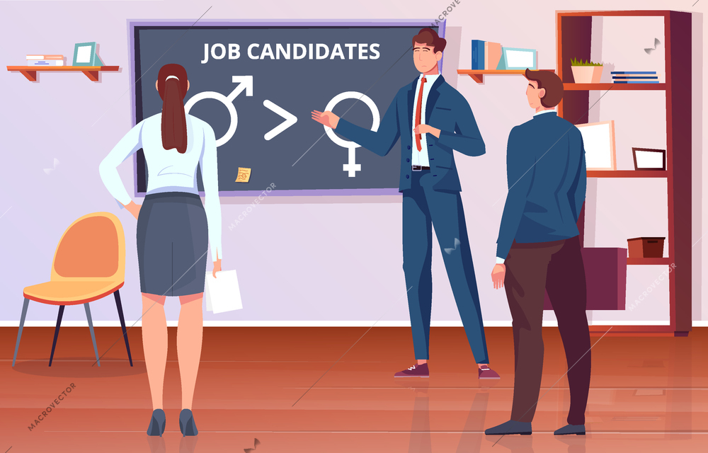 Gender discrimination flat background with male and female job candidates in office vector illustration