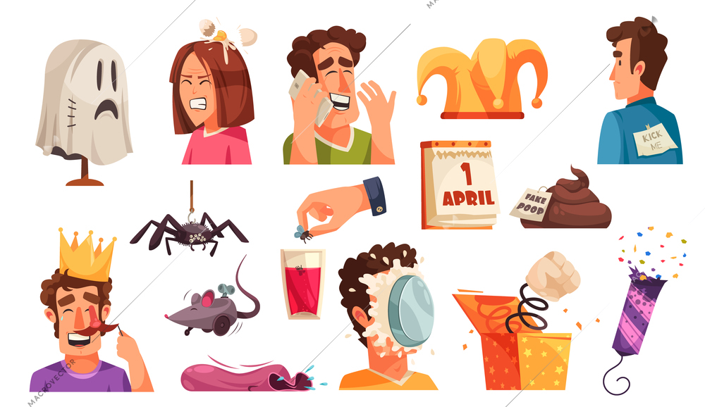 All fools day set of isolated icons with jokes vermins prank items with laughing human characters vector illustration