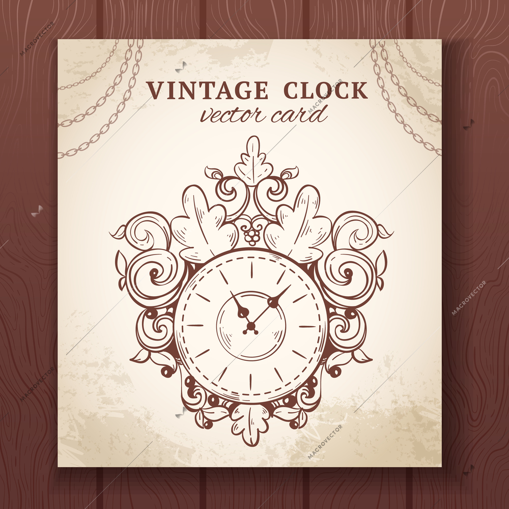 Old vintage retro sketch wall clock with decoration paper card vector illustration