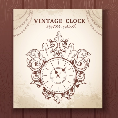 Old vintage retro sketch wall clock with decoration paper card vector illustration