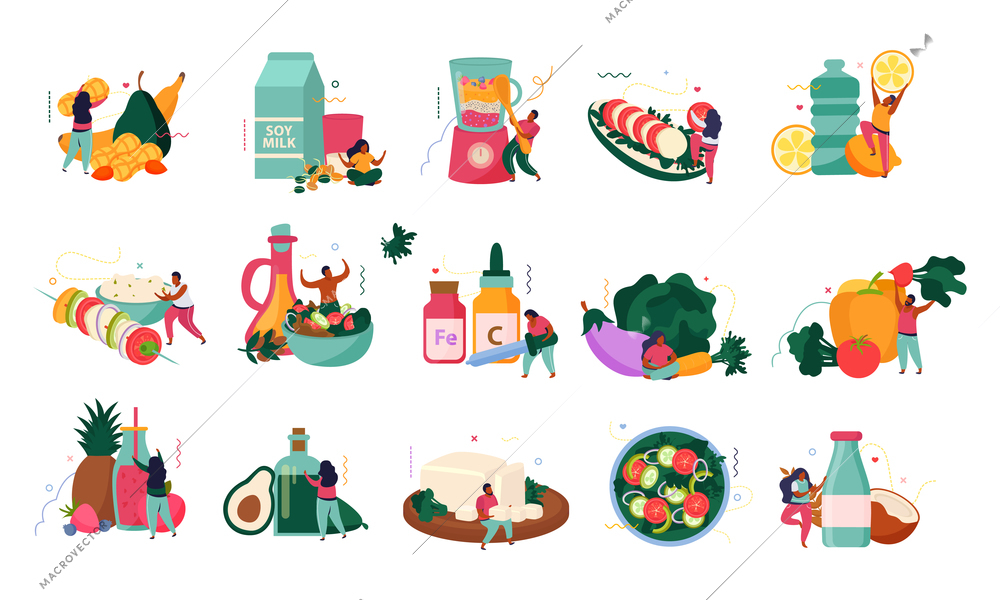 Vegan food recolor set with isolated icons of organic plant products nutritional supplements drinks and people vector illustration