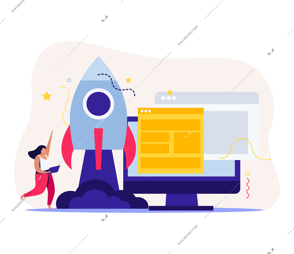 Startup flat background with composition of computer project windows and rocket launch with running female character vector illustration