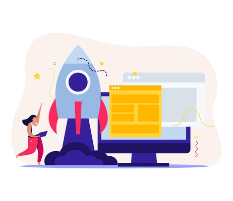 Startup flat background with composition of computer project windows and rocket launch with running female character vector illustration