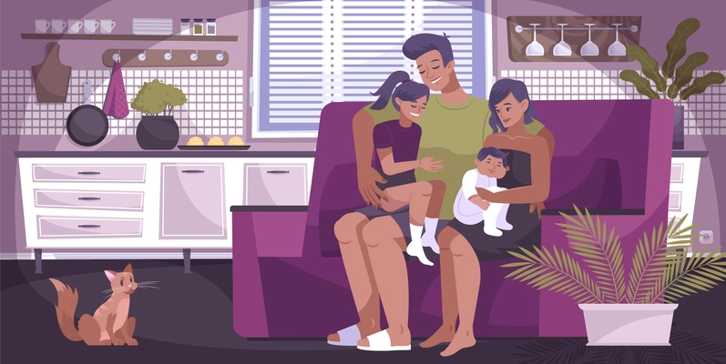 Flat hug family composition with mother father and two children hugging each other while sitting on the couch vector illustration