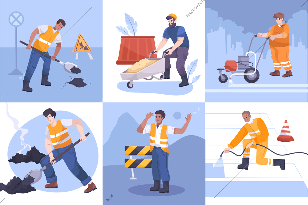 Flat road repair icon set with different works workers  tools and equipment vector illustration