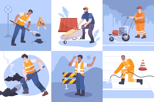 Flat road repair icon set with different works workers  tools and equipment vector illustration