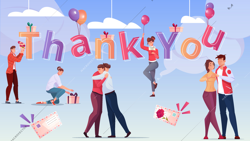 Flat color card with phrase thank you  and happy people at blue sky background vector illustration